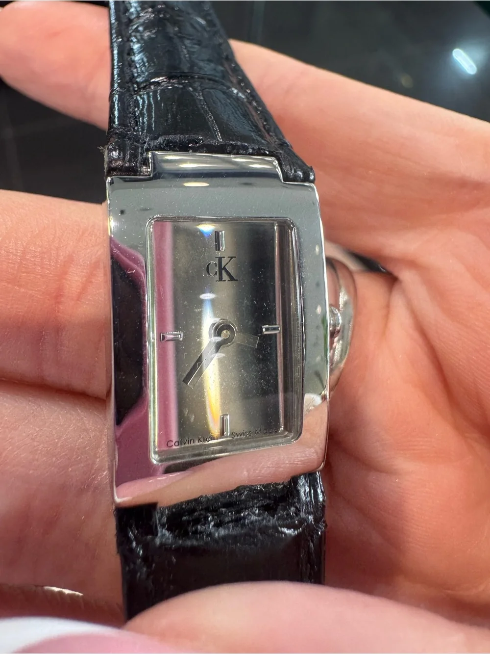 Vintage Calvin Klein Swiss Made Rectangular Watch - Black Leather Strap